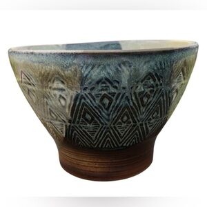 Vintage Pottery Craft Bowl - USA - Textured Geometric Design - Blue Brown Tan